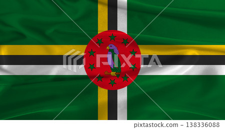 Flag of Dominica with fabric textured background. Close up of National flag of Dominica with realistic texture 138336088