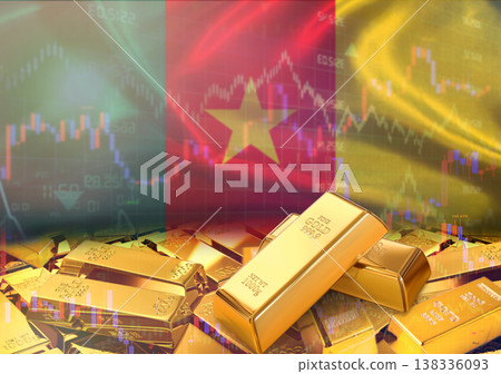 Gold bars on Cameroonian flag in background. Gold bars stacked on Cameroonian flag. Concept of Cameroon gold reserves Gold bars on Cameroonian flag in background. Gold bars stacked on Cameroonian flag. Concept of Cameroon gold reserves 138336093