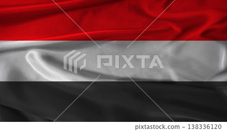 Flag of Yemen with fabric textured background. Close up of National flag of Yemen with realistic texture Flag of Yemen with fabric textured background. Close up of National flag of Yemen with realistic texture 138336120