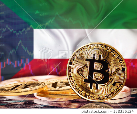 Bitcoin with Kuwait flag in the background. Investors in cryptocurrency and Blockchain Technology in Kuwait, Concept Bitcoin with Kuwait flag in the background. Investors in cryptocurrency and Blockchain Technology in Kuwait, Concept 138336124