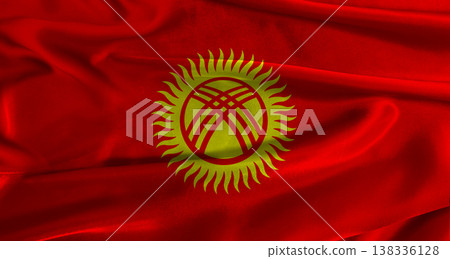 Flag of Kyrgyzstan with fabric textured background. Close up of National flag of Kyrgyzstan with realistic texture Flag of Kyrgyzstan with fabric textured background. Close up of National flag of Kyrgyzstan with realistic texture 138336128