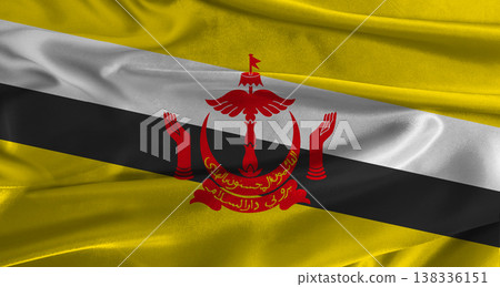 Flag of Brunei with fabric textured background. Close up of National flag of Brunei with realistic texture 138336151