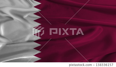 Flag of Qatar with fabric textured background. Close up of National flag of Qatar with realistic texture Flag of Qatar with fabric textured background. Close up of National flag of Qatar with realistic texture 138336157