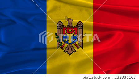 Flag of Moldova with fabric textured background. Close up of National flag of Moldova with realistic texture Flag of Moldova with fabric textured background. Close up of National flag of Moldova with realistic texture 138336163