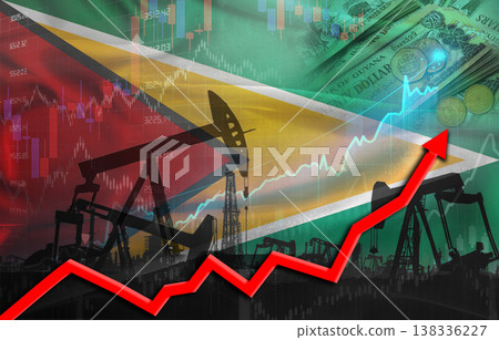 Oil production with Guyanese flag, petrol industry. Oil pumps with Guyana flag Oil production with Guyanese flag, petrol industry. Oil pumps with Guyana flag 138336227