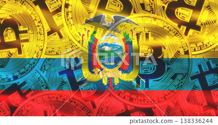 Golden bitcoin coins on Ecuador flag background. Bitcoin coins on Ecuador flag background 138336244
