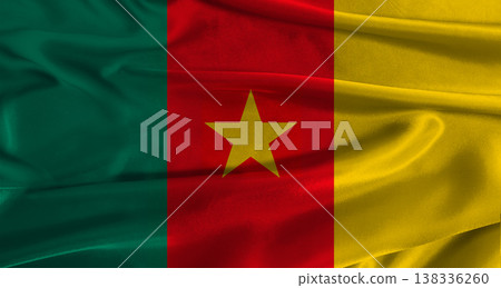 Flag of Cameroon with fabric textured background. Close up of National flag of Cameroon with realistic texture 138336260