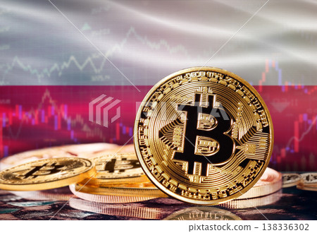 Bitcoin with Poland flag in the background. Investors in cryptocurrency and Blockchain Technology in Poland, Concept 138336302