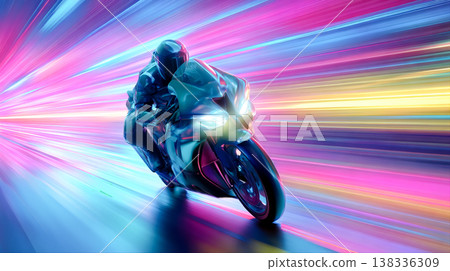 A motorcycle and rider speeding against a backdrop of colorful, futuristic lights. A motorcycle and rider speeding against a backdrop of colorful, futuristic lights. 138336309