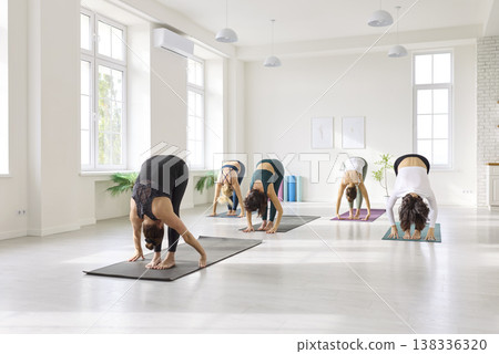Yoga class group stretching in studio, women on mats practicing forward fold Yoga class group stretching in studio, women on mats practicing forward fold 138336320