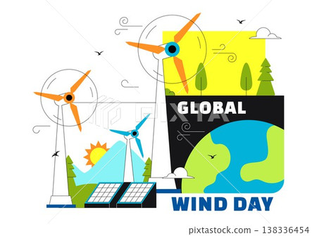 Global Wind Day Vector Illustration on June 15 With Wind Turbines And Solar Panels For Renewable Energy Concept, Clean Power and Environmental Design 138336454