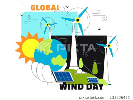 Global Wind Day Vector Illustration on June 15 With Wind Turbines And Solar Panels For Renewable Energy Concept, Clean Power and Environmental Design 138336455