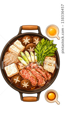 Full-body illustration of Wagyu sukiyaki hot pot dish 138336457