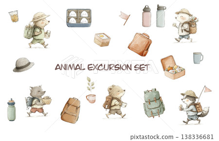 A set of illustrations of a bear and a dog going out. A set of illustrations of a bear and a dog going out. 138336681