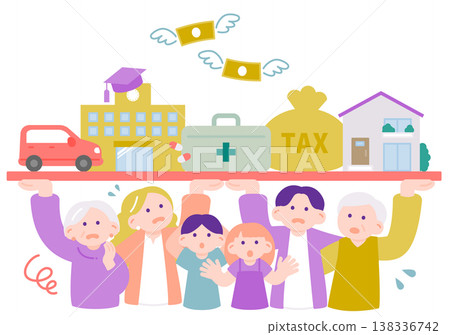 Living expenses and burdens for three generations of a family: The image of households struggling with rising prices. Living expenses and burdens for three generations of a family: The image of households struggling with rising prices. 138336742