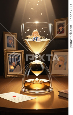 珍貴的回憶和照片刻在沙漏中:一幅奇幻的插圖,象徵著珍貴的回憶。 珍貴的回憶和照片刻在沙漏中:一幅奇幻的插圖,象徵著珍貴的回憶。 138337243