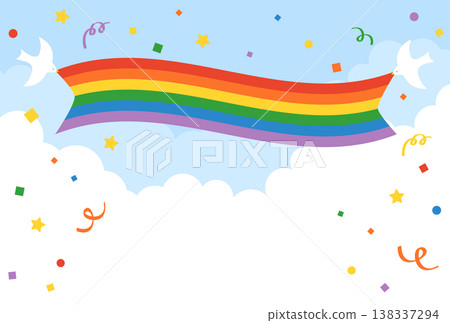 A background illustration featuring rainbow-colored confetti and flags fluttering in the sky. 138337294