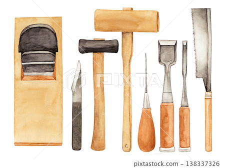 Woodworking Tools Set, Watercolor Illustration Set Woodworking Tools Set, Watercolor Illustration Set 138337326