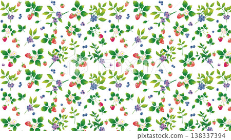 Watercolor-style pattern of fresh blueberries and strawberries (16:9) 138337394