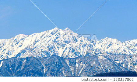 雄偉的鹿島槍山，依然白雪皚皚。 138337805