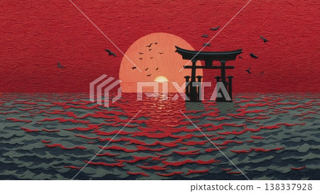 日式背景，以剪紙技法繪製的鳥居、地平線上冉冉升起的紅日以及層疊的波浪和雲朵為特色。 138337928
