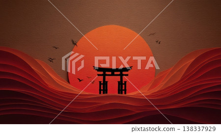 日式背景，以剪紙技法繪製的鳥居、地平線上冉冉升起的紅日以及層疊的波浪和雲朵為特色。 138337929