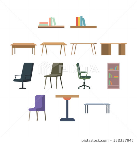 Everyday Office Furniture Collection Flat Design Asset. Everyday Office Furniture Collection Flat Design Asset. 138337945