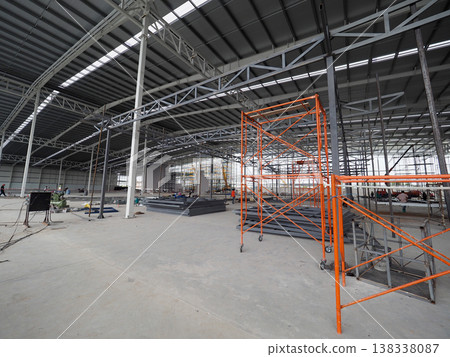 Industrial construction warehouse interior metal structure steel frame orange scaffold Modern 138338087