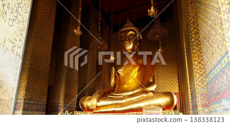 Sep 29th 2016, Bangkok Thailand, Golden buddha temple thailand religion meditation serene golden buddha statue inside ornate Watkanlaya 138338123