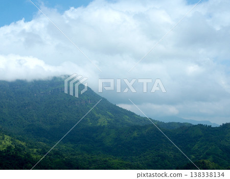 Lush mountain green hill forest landscape cloudy sky morning mist nature view tropical valley 138338134