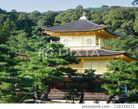 金閣寺的建築之美與松樹相映成趣，共同構成了一幅和諧的京都風景。 138338173