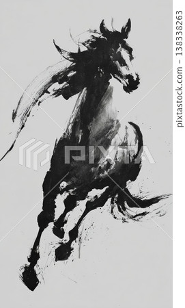 傳統水墨風格背景,以動感的筆觸描繪駿馬,墨色濃鬱,留白充足。 傳統水墨風格背景,以動感的筆觸描繪駿馬,墨色濃鬱,留白充足。 138338263