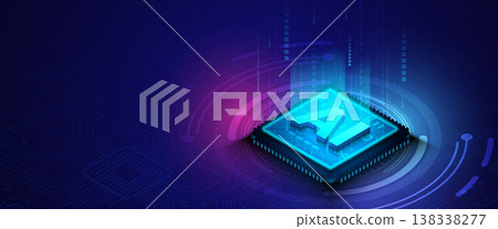 Isometric artificial intelligence processor concept on digital circuit board with glowing data Isometric artificial intelligence processor concept on digital circuit board with glowing data 138338277
