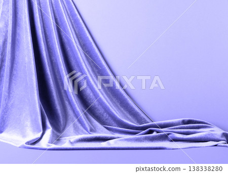 Chic velvet fabric curtain in trendy lavender color pery. Catwalk to advertise products trending color 2022. Copy space horizontal frame 138338280
