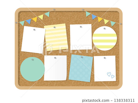 Cute corkboard illustration - design template with sticky notes and memo paper pinned to it. Cute corkboard illustration - design template with sticky notes and memo paper pinned to it. 138338311