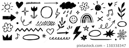 Crayon scribble kid element set. Crayon scribble hand drawn pastel texture brush chalk line sketch icon. Cute kid children rainbow heart star sun cloud flower smile crown. Vector Crayon scribble kid element set. Crayon scribble hand drawn pastel texture brush chalk line sketch icon. Cute kid children rainbow heart star sun cloud flower smile crown. Vector 138338347