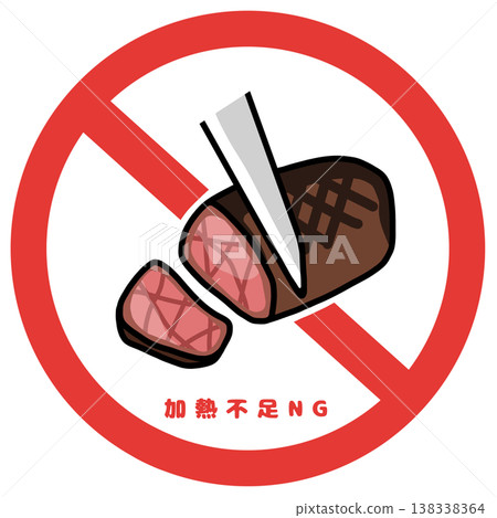 未煮熟是不可接受的。務必將肉徹底煮熟，直至中心，以防止食物中毒。牛排橫切面圖。衛生圖標。 138338364