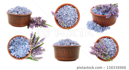 Wooden bowls of lavender bath salts and flowers, PNG Wooden bowls of lavender bath salts and flowers, PNG 138338988
