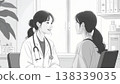 一幅簡單的線條畫插圖，描繪了一位女醫生在診間溫柔地傾聽病人說話，病人感到很放鬆。 138339035