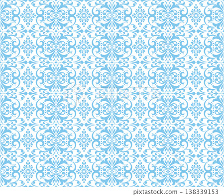 Floral pattern. Seamless vector background. Vintage wallpaper in the Baroque style. White and blue ornament for fabric, wallpaper, packaging. Ornate Damask flower illustration Floral pattern. Seamless vector background. Vintage wallpaper in the Baroque style. White and blue ornament for fabric, wallpaper, packaging. Ornate Damask flower illustration 138339153