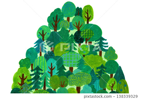 Hand-painted watercolor illustration of a lush green forest; background material; natural eco-image. 138339329