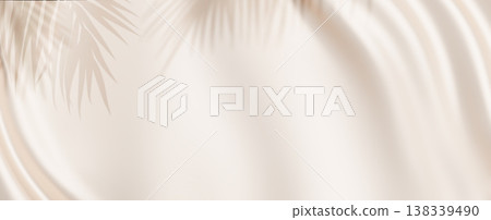 Tropical summer banner design of elegant beige silk fabric with soft palm leaf shadows with copy space for beauty skincare and cosmetic product background 3D render 138339490