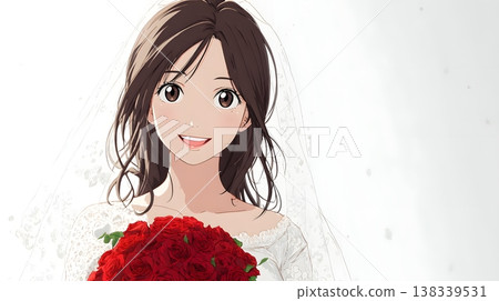 一幅插圖，描繪了一位身穿婚紗、手捧一束紅玫瑰的微笑女子。 138339531