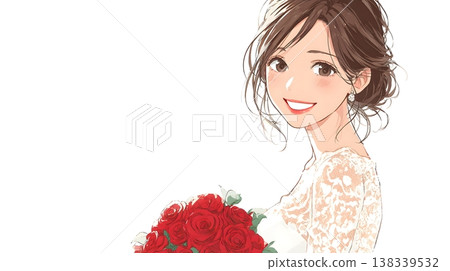 一幅插圖，描繪了一位身穿婚紗、手捧一束紅玫瑰的微笑女子。 138339532