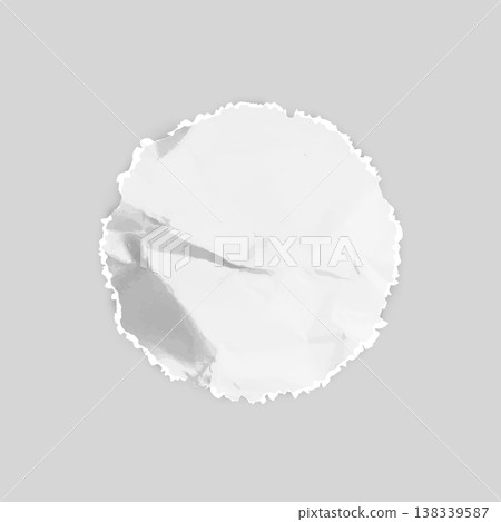 White crumpled torn paper piece circle shape, vector round torn sheet, wrinkled page scrap of paper fragment ripped edge 138339587