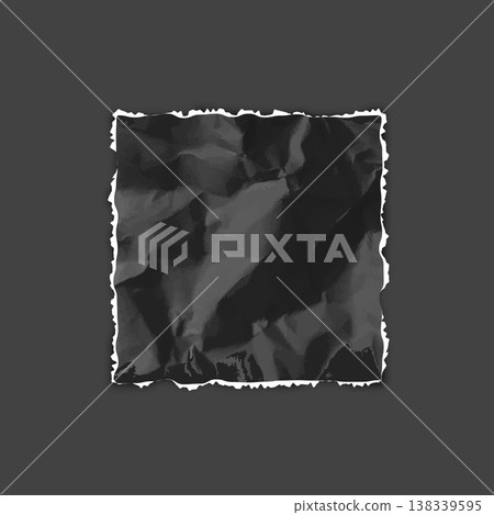 Torn sheet of paper piece square shape, black crumpled torn paper, vector realistic wrinkled scrap fragment ripped edges 138339595