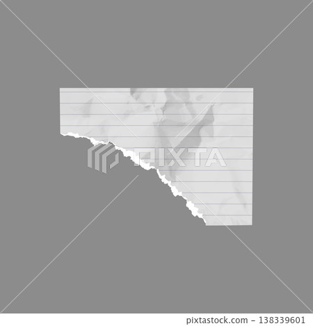 A torn, lined, wrinkled, textured, ragged edged notebook sheet. 138339601
