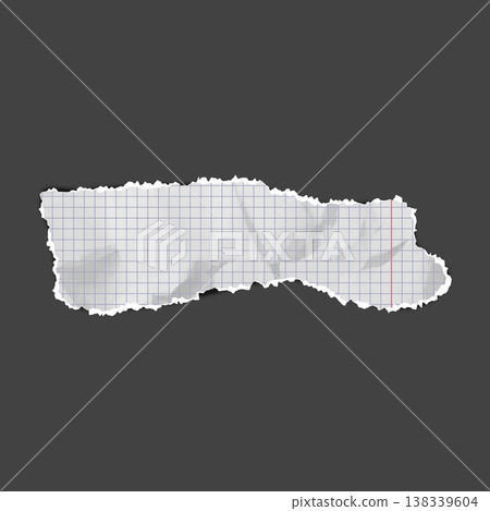 A realistic strip of torn paper, a notebook sheet, lined with squared lines and jagged edges. 138339604