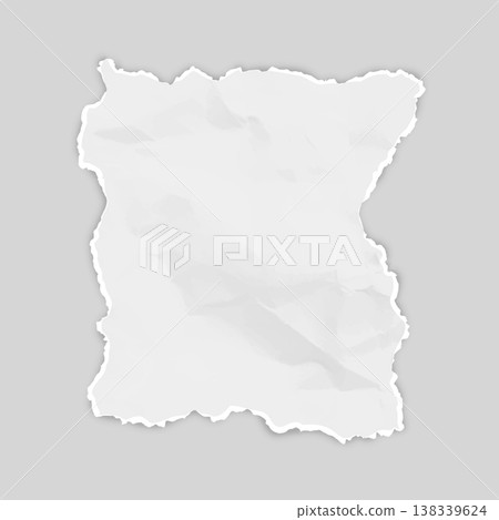 White crumpled torn paper, torn sheet of page rectangle fragment, vector realistic wrinkled scrap with jagged edges White crumpled torn paper, torn sheet of page rectangle fragment, vector realistic wrinkled scrap with jagged edges 138339624