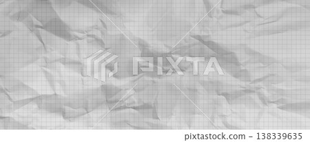 Wallpaper made of crumpled, textured, realistic checkered paper, a blank notebook sheet with folds. 138339635